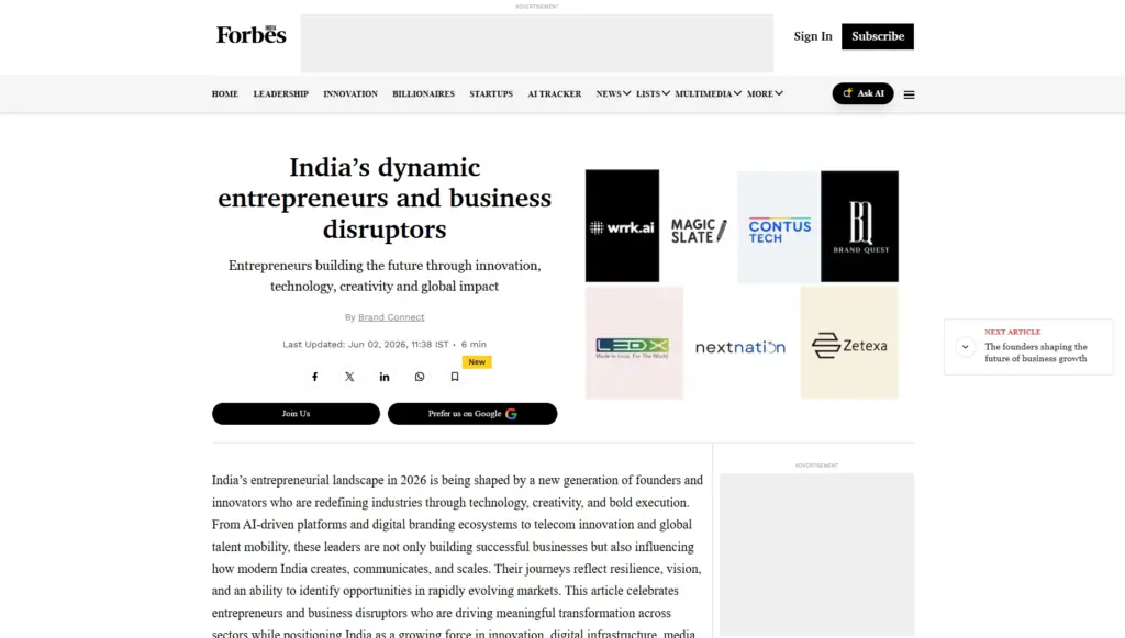 LEDX Technology featured in Forbes India article on India's dynamic entrepreneurs and business disruptors